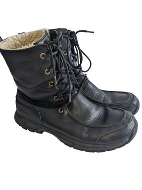 UGG Men's Black Leather Lace-Up Shearling Boots Size 12